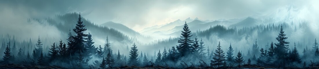 A panoramic view of an evergreen forest shrouded in mist, creating a mysterious and ethereal atmosphere. 
