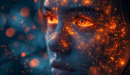 A person's face with glowing dots representing their facial expression and eyes, surrounded by floating geometric shapes in the background