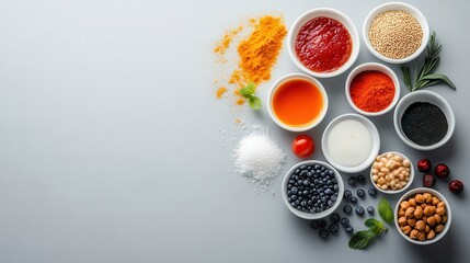 An array of vibrant spices and sauces in white bowls, showcasing the rich colors and textures of culinary ingredients.