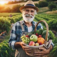 Smiling old farmer holding basket full of fresh fruit in organic farm field