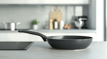 Pans in kitchen background