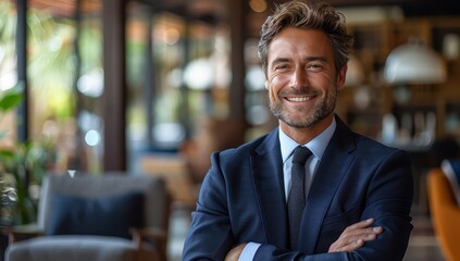Fototapeta premium handsome smiling Australian man in his late thirties wearing a dark blue suit and tie, standing inside the office lounge 