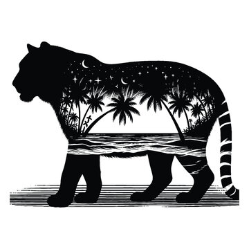 recommend clip art: silhouette of Tiger, filled with ocean beach view with palm tree in rough drawing, minimalist,