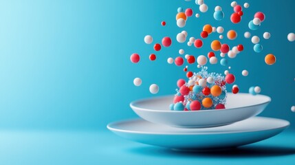 Colorful spheres explode from plates, creating a dynamic and playful scene against a vibrant blue backdrop.