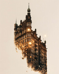Fototapeta premium Hamburg Skyline Silhouette Double Exposure Poster - A building with a tower