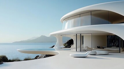 Fototapeta premium Modern Futuristic Beach House with Sleek Design and Oceanfront Views at Sunset