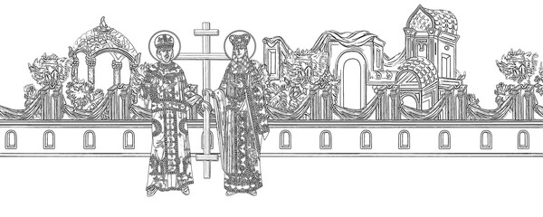 Obraz premium Saint Constantine and Helena (name english). Coloring Christian page in Byzantine style