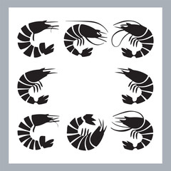 Black Shrimp Vector Silhouette , set of shrimp illustration. hand drawn black and white shrimp line art illustration, Shrimp icon vector art silhouette