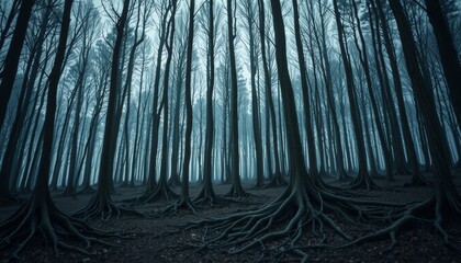 forest of tall spindly trees with tangled roots dark oppressive atmosphere