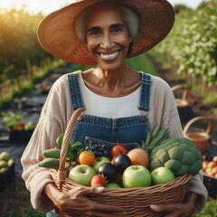 Smiling old farmer holding basket full of fresh fruit in organic farm field