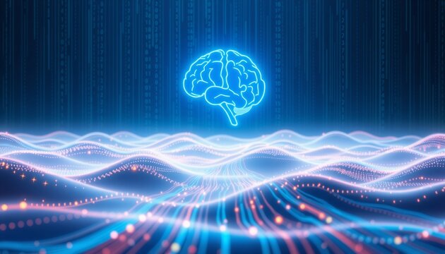 abstract digital landscape binary code floating circuit board electric brain logo neon blue futuristic aesthetic