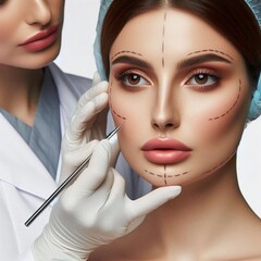 Young woman getting ready for a plastic surgery session, as a doctor in medical gloves outlines her face, isolated against a white background.