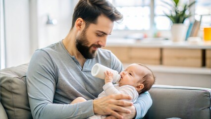 father feeding bottle to his baby at home