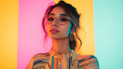 Portrait of a woman in trendy eyeglasses and a unique top against a neon-striped background. This vibrant street style highlights youth, fashion, beauty, and modern lifestyle.