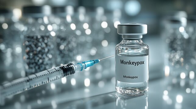 Close-up of Monkeypox ( mpox ) Vaccine Vial and Syringe on Sterile White Background. 
vaccine bottle mockup with syringe