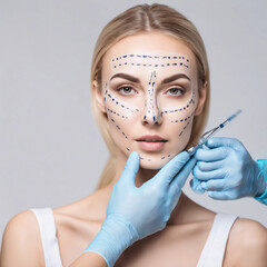 Young woman getting ready for a plastic surgery session, as a doctor in medical gloves outlines her face, isolated against a white background.