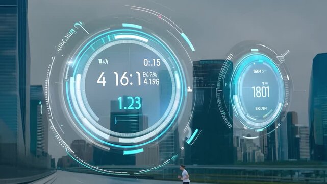 Futuristic data overlay on modern cityscape with runner - Powered by Adobe