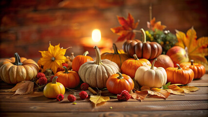 Thanksgiving Scene with Decorative Pumpkins, Autumn Leaves, and Festive Elements on a Wooden Table