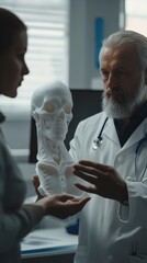 Obraz premium A doctor explains anatomical structures using a detailed 3D skeleton model in a healthcare setting