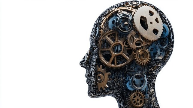 Technological gears are placed in an empty human head shape, isolated against a white background.