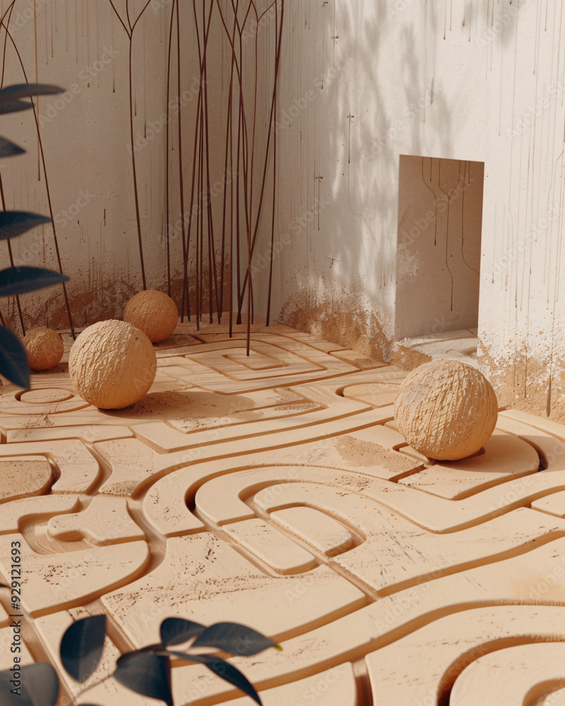 Poster maze over beige: bold lines, vivid hues - a maze with round objects on the ground