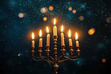 Fototapeta premium Golden menorah with burning candles celebrating hanukkah festival over a sparkling blue background