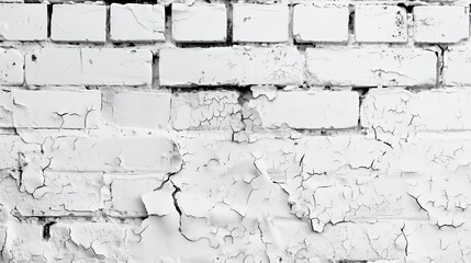 Obraz premium A close-up of a weathered white brick wall with peeling paint and cracks.
