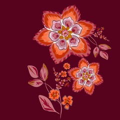 Set of tropical elements hand drawn illustration leaves, palm, flower, strawberry, ethnic, paisley, foliage embroidery. 