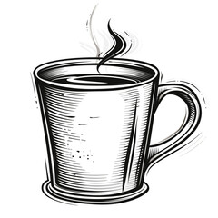 Line art of a steaming coffee mug with intricate shading and a minimalist design.

