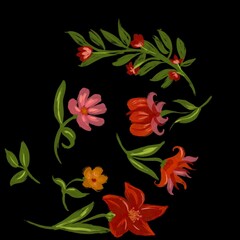 Set of tropical elements hand drawn illustration leaves, palm, flower, strawberry, ethnic, paisley, foliage embroidery. 