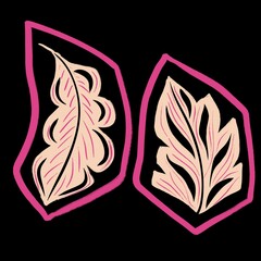 Set of tropical elements hand drawn illustration leaves, palm, flower, strawberry, ethnic, paisley, foliage embroidery. 