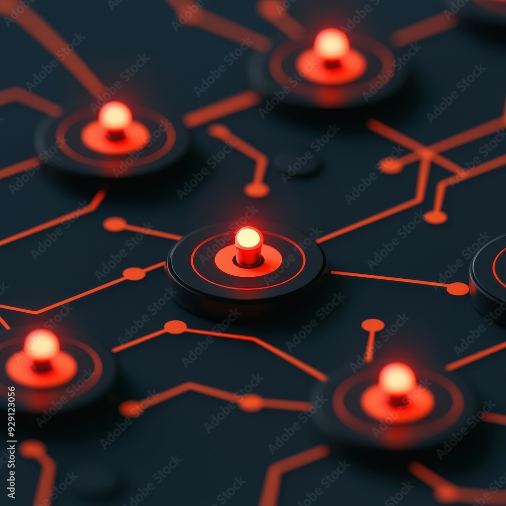 Poster abstract close-up of glowing red nodes connected by lines, representing digital networks and technol