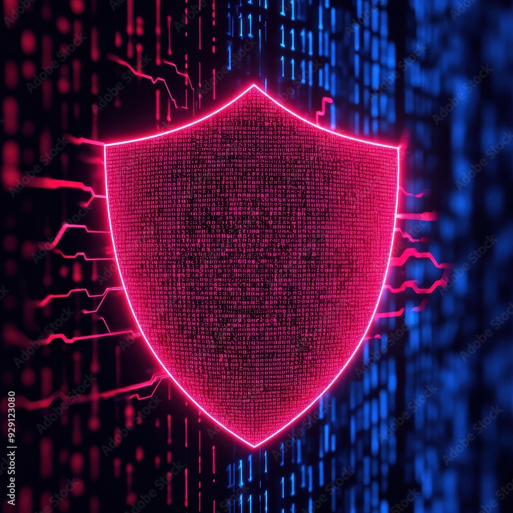 Poster abstract digital shield design with neon glow, representing cybersecurity and data protection in a m