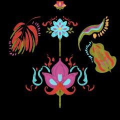 Set of tropical elements hand drawn illustration leaves, palm, flower, strawberry, ethnic, paisley, foliage embroidery. 