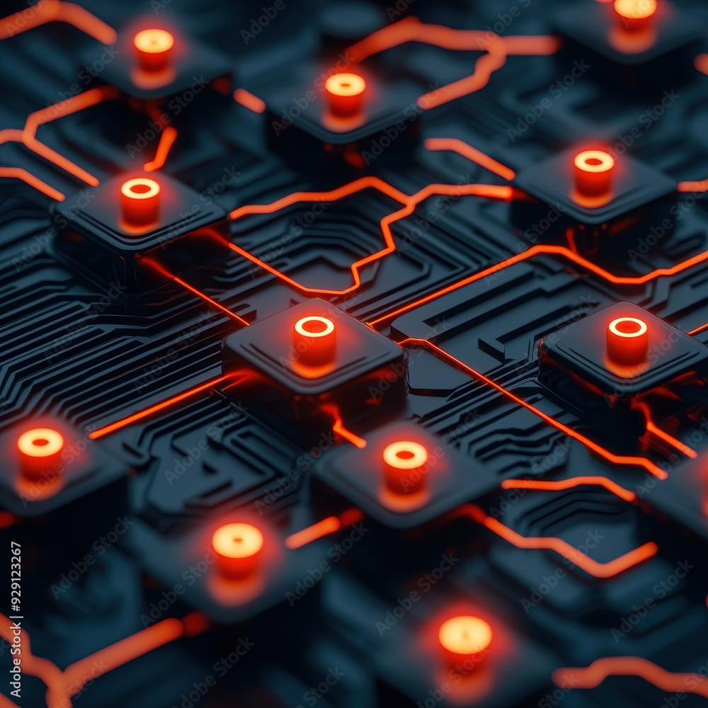 Poster futuristic circuit board with glowing red patterns and connections, representing advanced technology