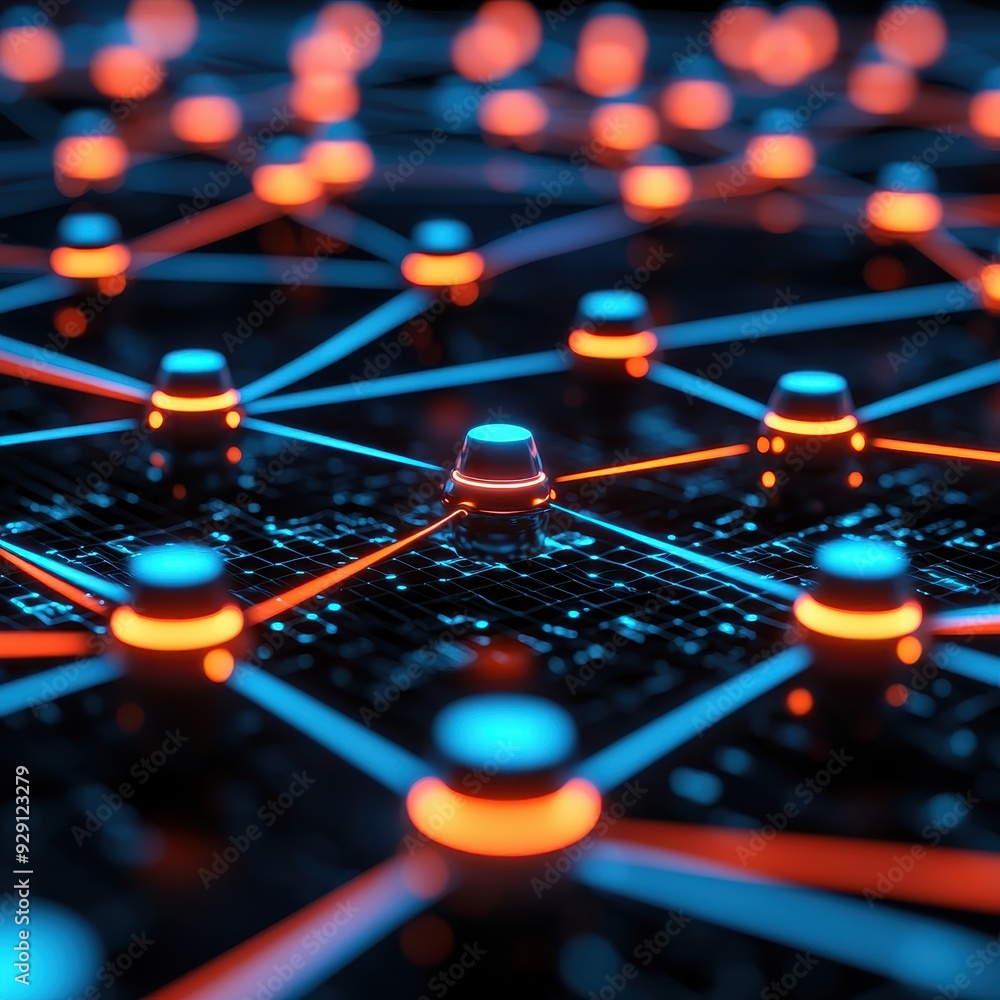 Poster futuristic digital network with glowing nodes and connections, showcasing technology and innovation 
