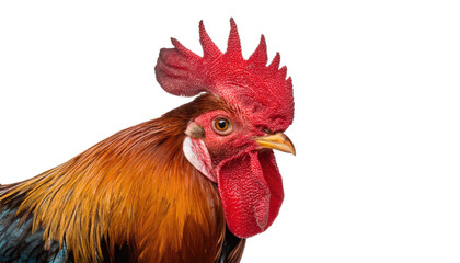 A vibrant rooster with striking plumage and a prominent comb, showcasing its unique features against a plain background.