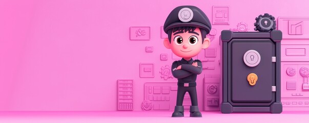 Cute cartoon character in a police uniform standing confidently by a vault in a colorful pink background.