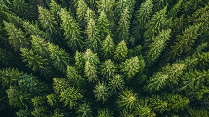 Fototapeta premium Aerial view of a dense evergreen forest canopy. AI generated images.
