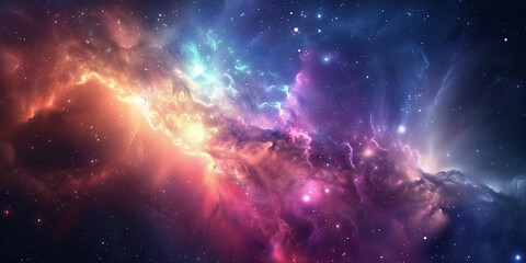 Naklejka premium Space concept background. Universe galaxy horizontal poster. Amazing cosmic wallpaper. Raster bitmap digital illustration. AI artwork.