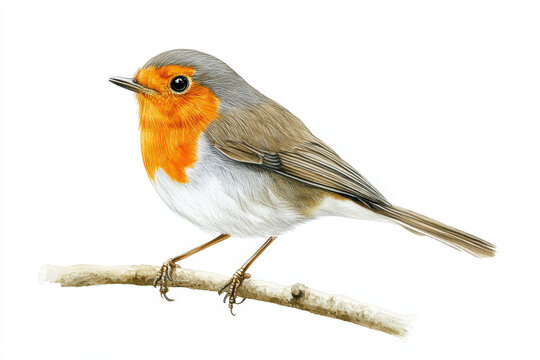 Realistic illustration of a european robin with orange breast and grey feathers perched on a branch