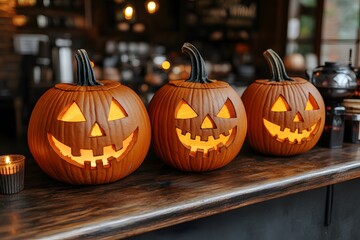 Fototapeta premium Halloween pumpkins on wooden table with copy space