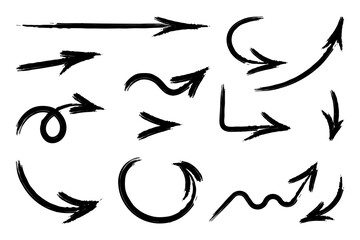 Hand drawn brush arrows. Set of different pointer icons in doodle style. Grunge textured and curved arrows