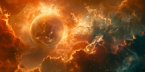 Obraz premium Space fantasy background. Sci-fi horizontal poster. Science fiction digital raster bitmap illustration. Horizontal format wallpaper. AI artwork. 