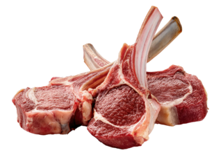 Fresh, raw meat cuts showcasing tender lamb chops with an appetizing red color, ideal for a gourmet cooking theme.