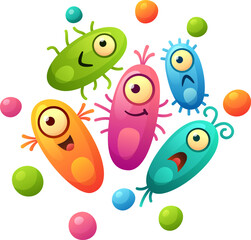 Micro cells cartoon colorful characters together. Bacteria floating