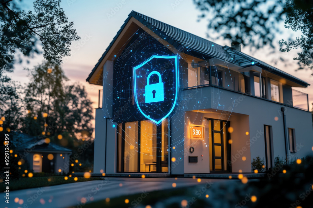Poster modern smart home is glowing at dusk with a digital shield and padlock icon showing its high tech se