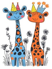 Two cartoon giraffes with birthday party hats among flowers, showcasing a playful and colorful illustration. 