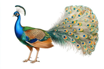 Obraz premium Colorful vintage scientific illustration of an indian peacock showing its beautiful plumage
