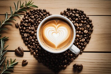 Steaming cup of specialty coffee with 'LOVE' heart design, set on a wooden table surrounded by coffee beans and rosemary, evoking warmth